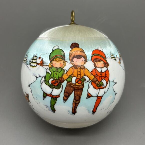 Joan Walsh Anglund Christmas Ornament 1980 Satin Ball Ice Skaters Winter Scene - Picture 1 of 11